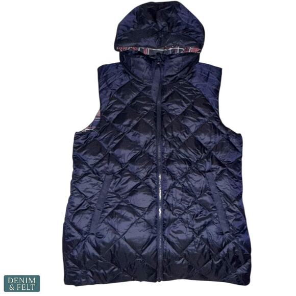 Lululemon Fluffiest Reversible Goose Down Vest Navy Plaid Hooded Size 12 - Picture 5 of 16